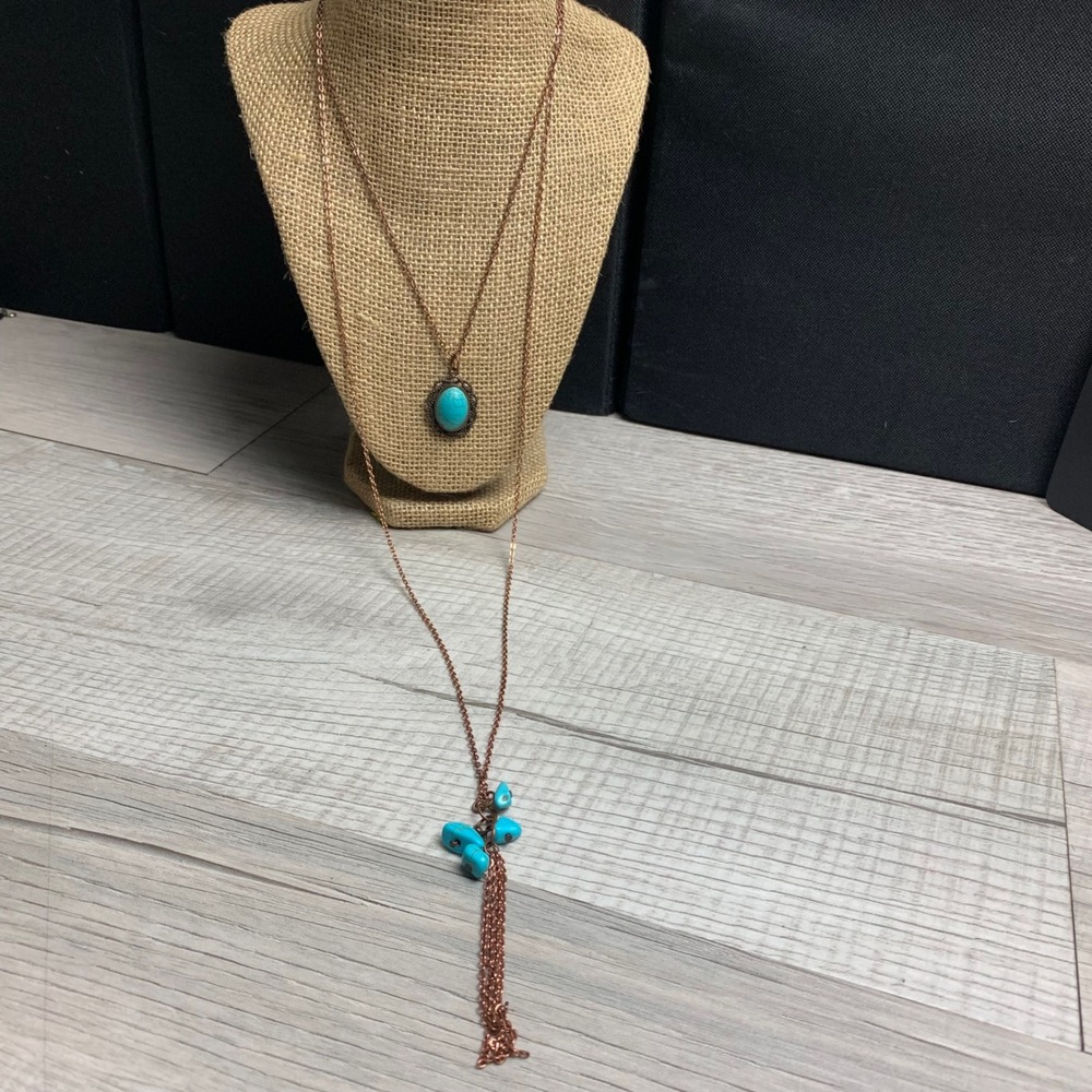 Copper Tone Faux Turquoise Double Layer Tassel Necklace Boho Western 5025